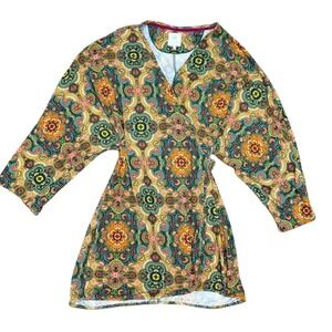 Floral Print Mini Dress M Bohemian Kimono Sleeve Colorful Pattern Fall Statement